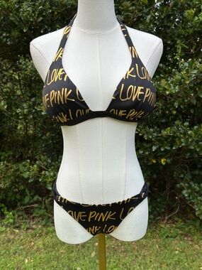 Y2K Vintage PINK Victoria's Secret Black and Gold Love PINK Bikini Set XS